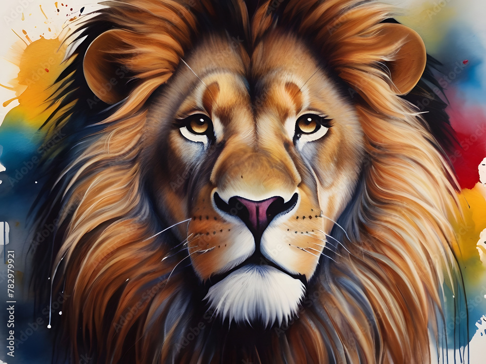 Amazing Illustration Art Abstract painting concept. Colorful artistic lion on lines and curves background. Animals. water color