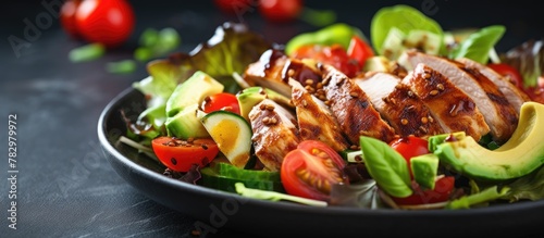 Salad with chicken, avocado, tomato, lettuce close-up