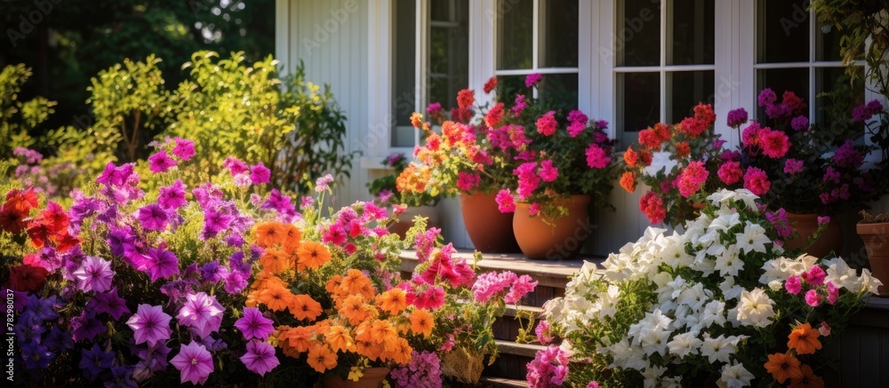 Colorful flowers in a pot on a porch