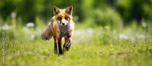 Fox running in grass with trees in background photo
