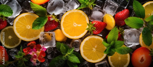 Fresh fruit and ice cubes c...