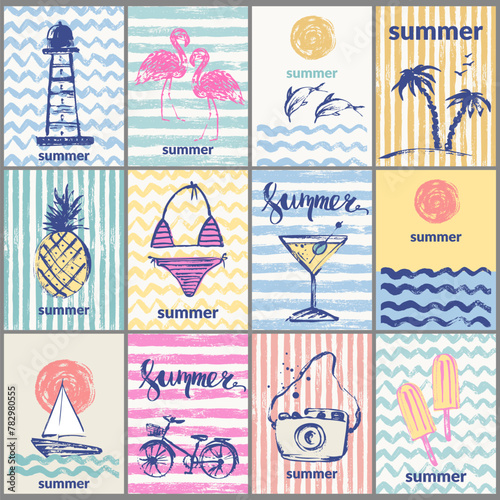 Vector summer posters with striped and wavy patterns. Lighthouse, flamingo, dolphin, palm trees,
popsicle, ice cream, bike, swimsuit, cocktail, pineapple. Abstract background for party invitation.