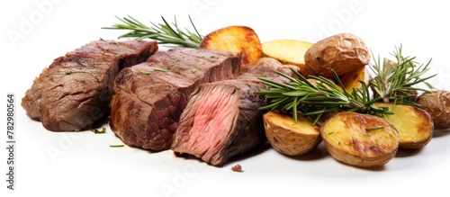 Close-up of steak and potatoes on white dish