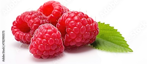 Raspberries and leaves on w...