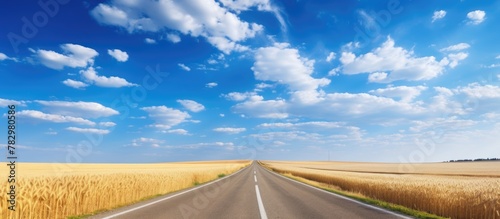 Dirt road cutting through golden wheat field under clear blue sky