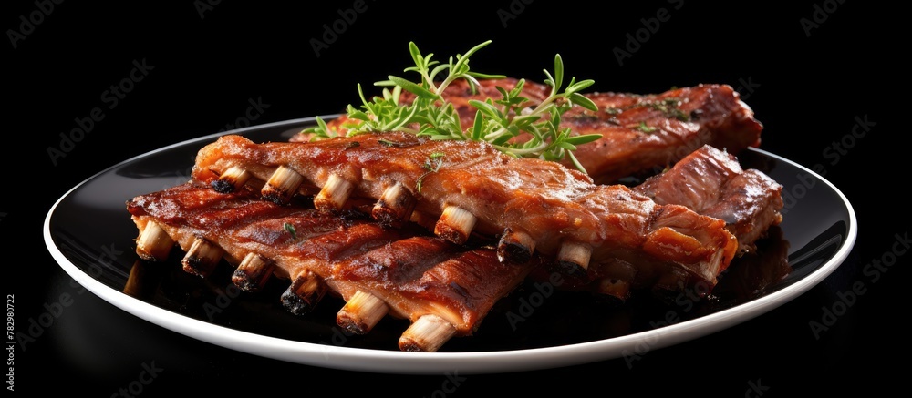 Grilled ribs with savory sauce and rosemary on dark surface