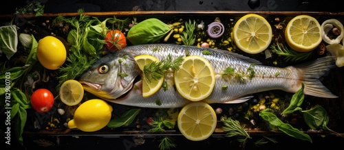 Close up of fish with lemon  tomato  herbs