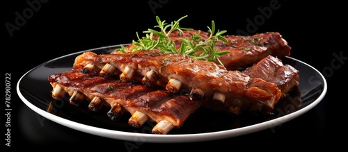 Grilled ribs with savory sauce and rosemary on dark surface