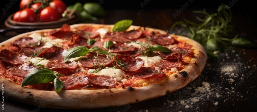 Pizza with pepperoni, cheese, basil, and tomatoes on a table Pizza with pepperoni, cheese, basil, and tomatoes on a table