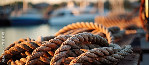Rope tethering boats at a dock photo