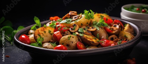 Bowl of assorted fresh vegetables with mushrooms and tomatoes