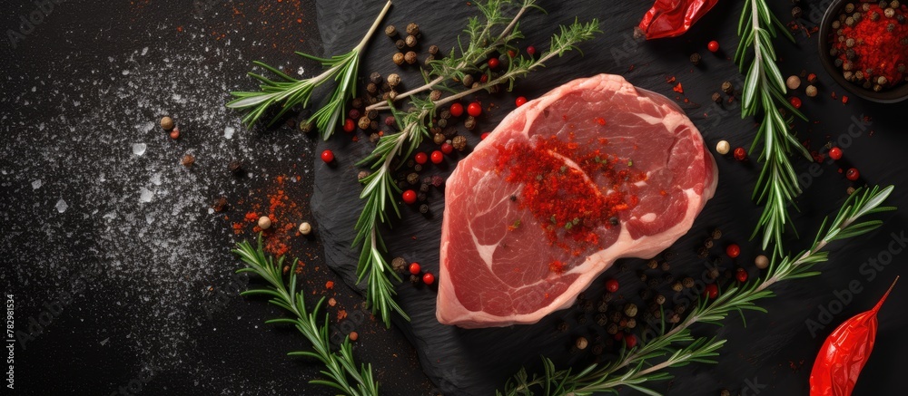 Spiced beef steak on black background
