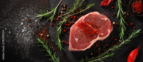 Spiced beef steak on black background