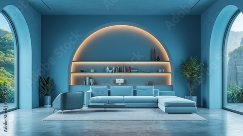 Home office interior, minimalist style, blue colors, partition between desk and sofa, isolated edges, hyper-realism, high detail, ultra HD quality