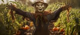 Scarecrow guards corn field with pumpkins