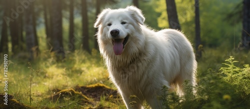 Majestic dog standing in lush forest with its tongue out