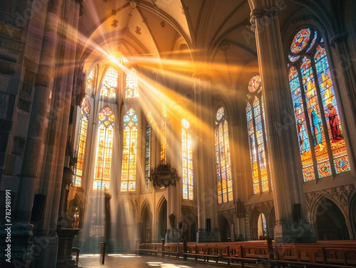 Sunlight shines through tall stained glass windows, illuminating the grandeur of a majestic cathedral.