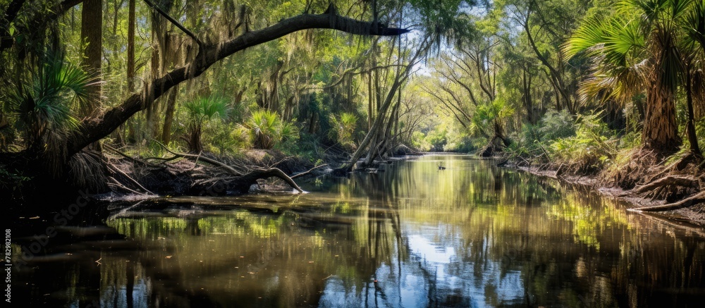 River flowing through dense green woods River flowing through dense green woods