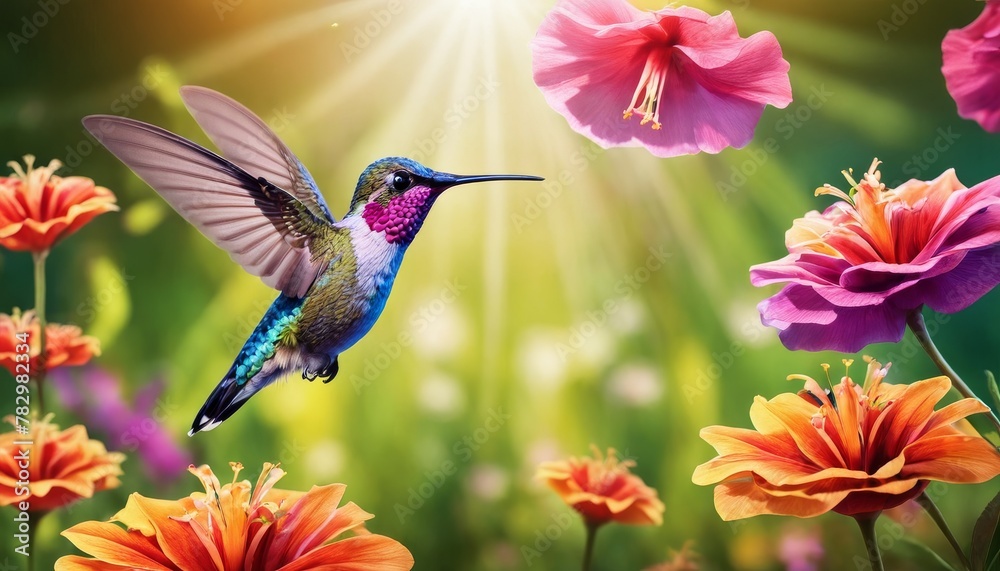 Obraz premium A hummingbird hovers delicately in mid-air, its iridescent feathers catching light, surrounded by a kaleidoscope of blooming flowers.. AI Generation