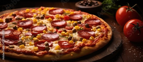 Pizza with pepperoni, corn, and olives on a board