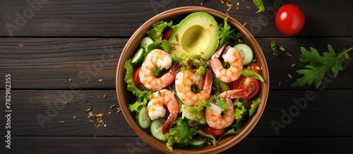 Bowl of fresh shrimp, lettu...