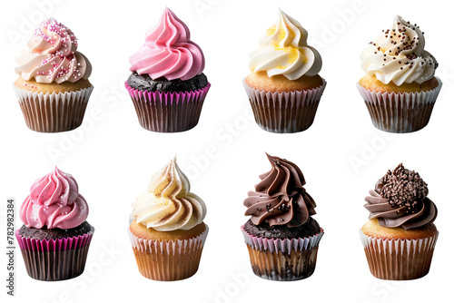 Rainbow Delights: A Spectacle of Cupcakes With Vibrant Frosting Colors. On Transparent Background.