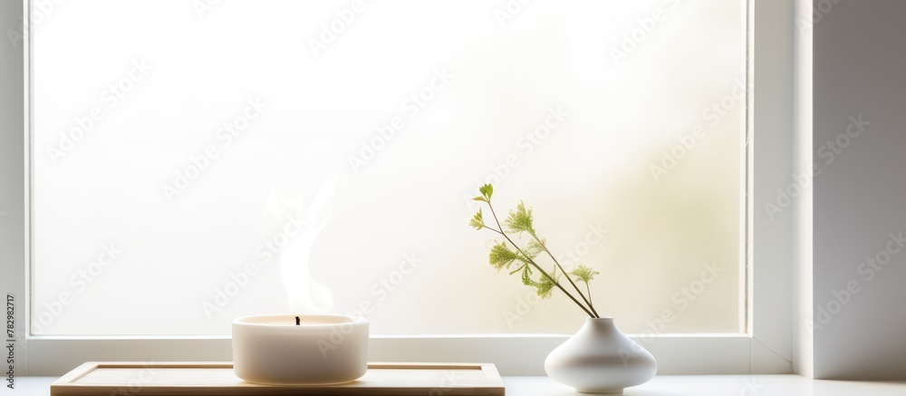 White vase holds plant on table