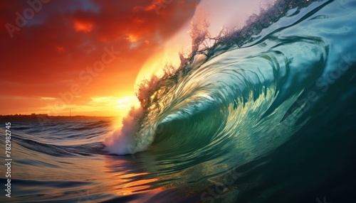 Beautiful sunset reflection on the wave. Powerful storm surge before gurgling and foaming  ocean wave panoramic background