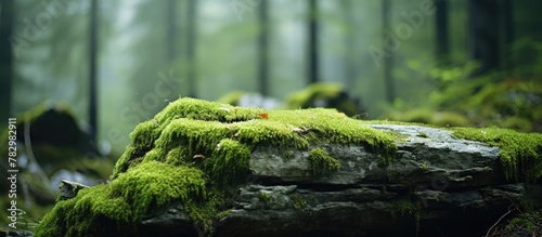 Mossy rock in serene forest setting © vxnaghiyev