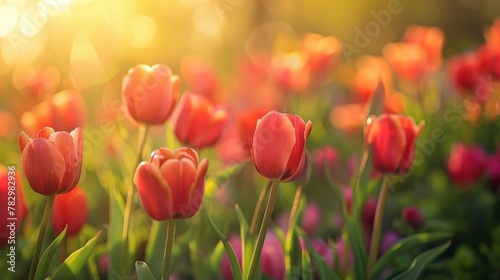Spring flower field. Beautiful spring background. Tulips in spring garden.