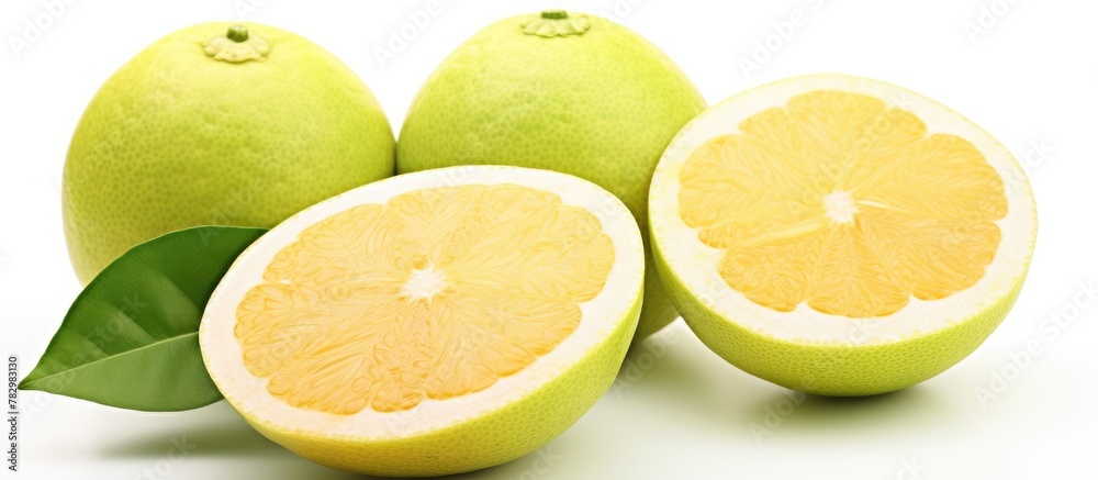 Three limes and two oranges with leaves on white surface