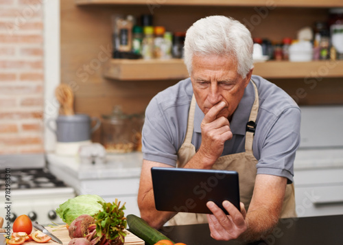 Konstfotografi Senior man, tablet and vegetables for cooking wholesome, healthy and nutritional food at home