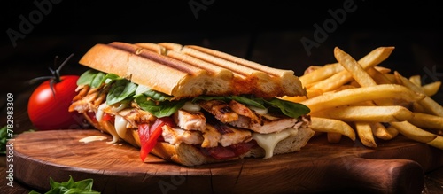 Sandwich and fries on cutti...