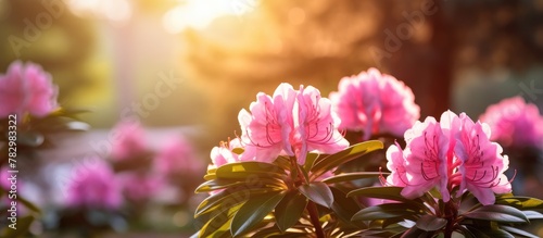 Fototapeta Naklejka Na Ścianę i Meble -  Pink flowers bloom under sunlight in garden with trees