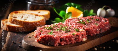 Close-up of steak on wooden...