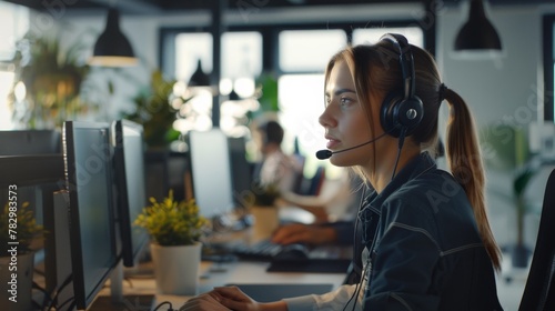 Focused female call center ...