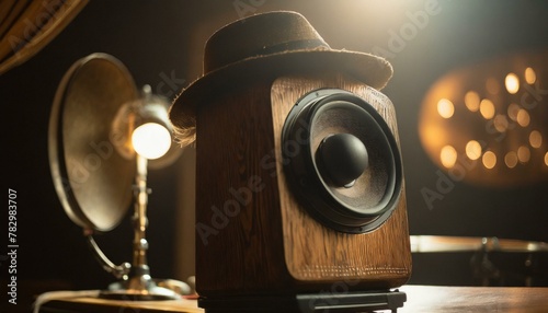 old-fashioned traditional speaker, showcasing intricate wood grain and vintage design elements, background