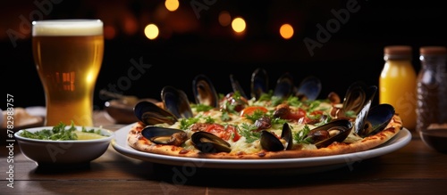Pizza with mussels and othe...