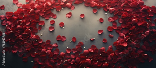Red rose petals form heart ...