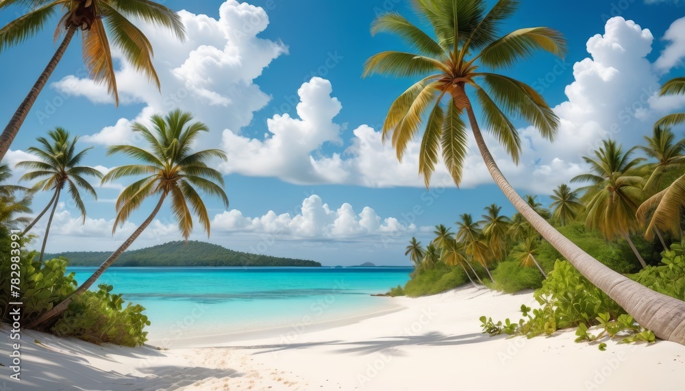 Pristine white sandy beach flanked by lush palm trees, overlooking the tranquil turquoise sea under a clear blue sky. AI Generation Pristine white sandy beach flanked by lush palm trees, overlooking the tranquil turquoise sea under a clear blue sky. AI Generation