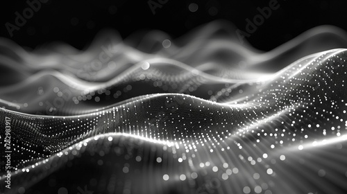 Elegant monochrome background with a dynamic wave made of sparkling digital particles, representing data flow or connectivity.
