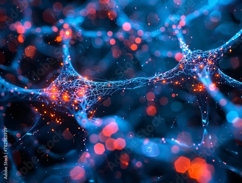 Digital illustration of neural network activity with synapse electrical pulses, symbolizing brain function, artificial intelligence, and biotechnology.