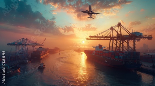 At sunrise, logistics and transportation scene shows Container Cargo ship and Cargo plane with working crane bridge in shipyard, symbolizing the import-export and transport industry.