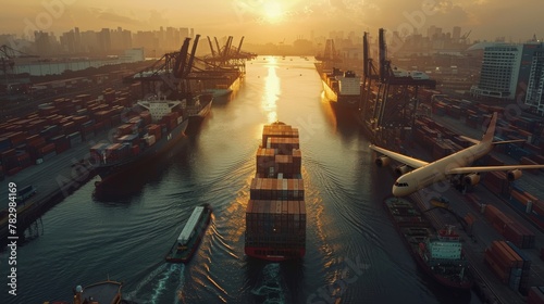 At sunrise, logistics and transportation scene shows Container Cargo ship and Cargo plane with working crane bridge in shipyard, symbolizing the import-export and transport industry.