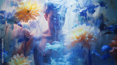 Man standing among flowers in artistic flower arrangement, resembling solarization photography