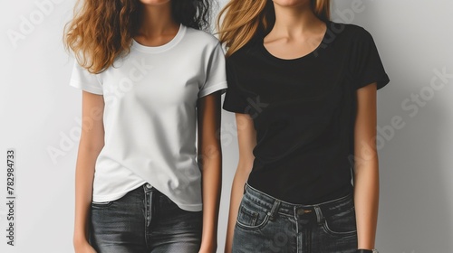women's short-sleeved T-shirt mockup, pose in a white and black T-shirt worn by a female model 
