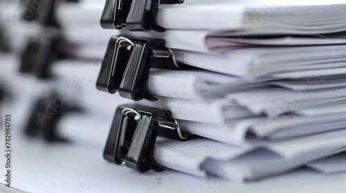 Stack of business report paper files with black clips AI generated