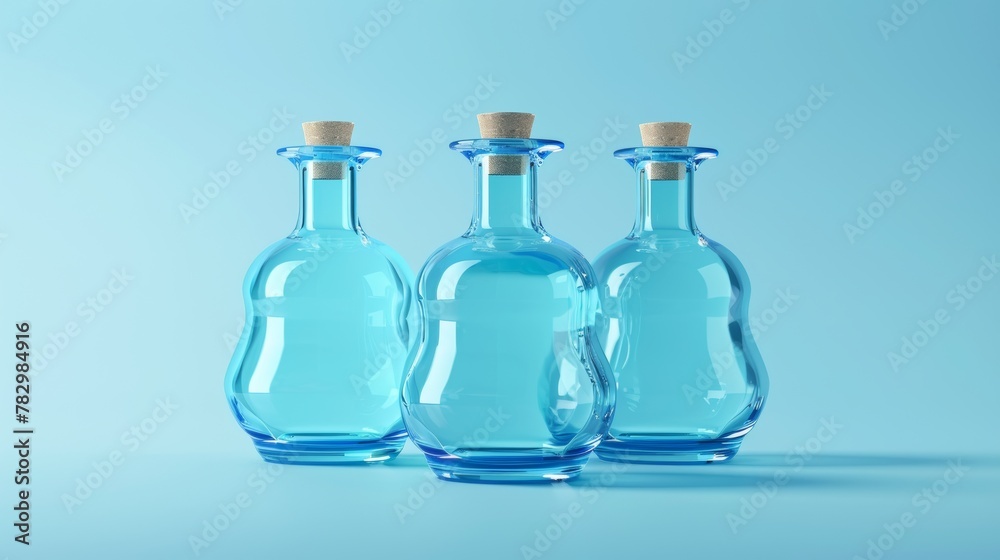 Isolated on a light blue background, this 3D illustration shows a set of blue cocktail bottles. Isolated on a light blue background, this 3D illustration shows a set of blue cocktail bottles.