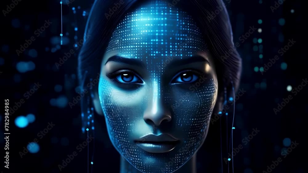 Futuristic Female Cyborg with Digital Interface, digital data around her face and glowing blue eyes, 4k video. Futuristic Female Cyborg with Digital Interface, digital data around her face and glowing blue eyes, 4k video.