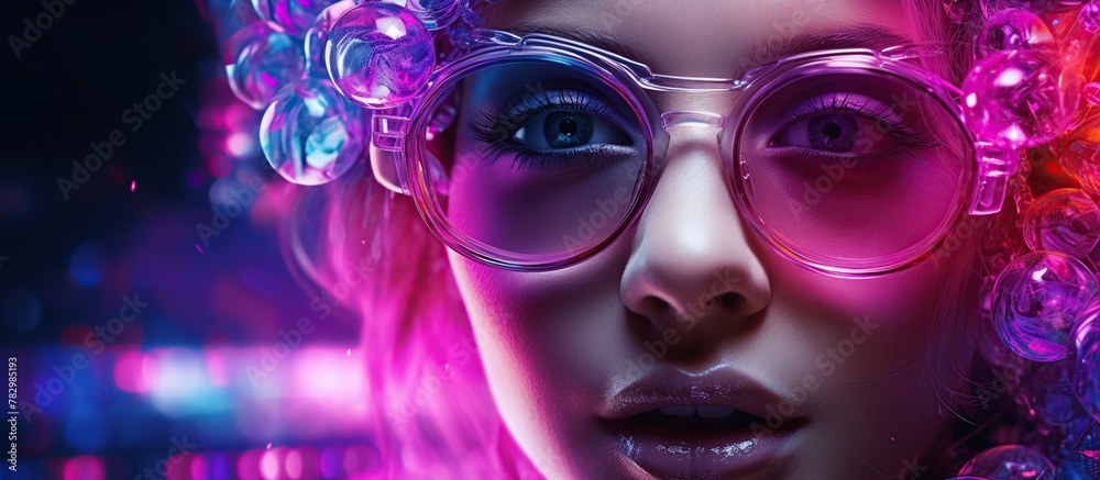 Neon Dreams: Stylish Girl in Spectacles with Neon Ambiance Neon Dreams: Stylish Girl in Spectacles with Neon Ambiance